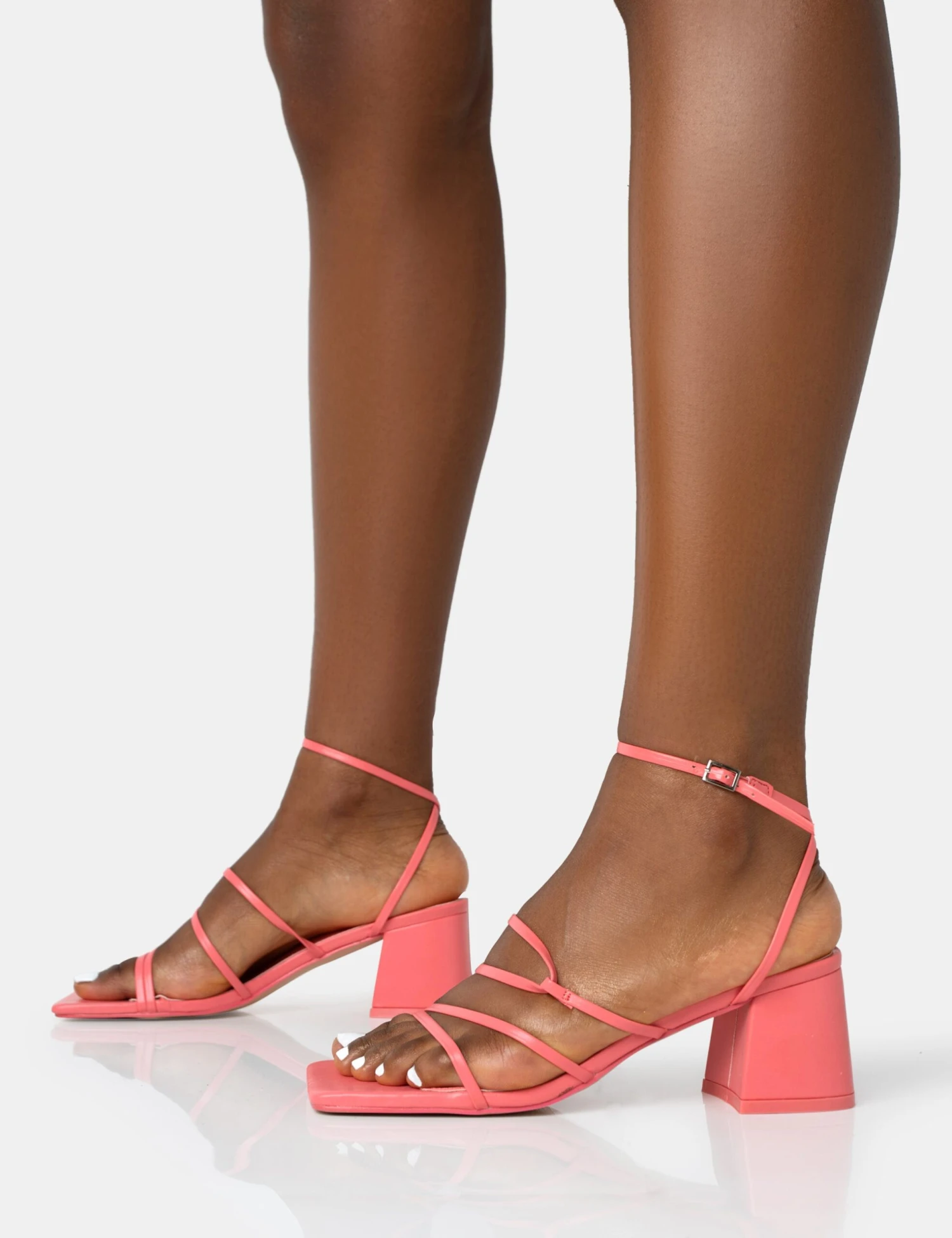 Dayla Coral PU Strappy Square Toe Block Mid Heel Sandals - Image 3