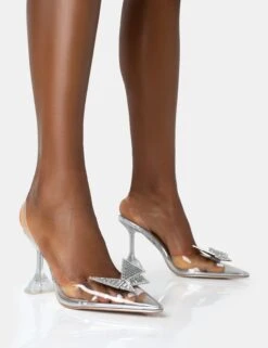 Stormi Silver Metallic Butterfly Diamante Slingback Pointed Court Stiletto Heels