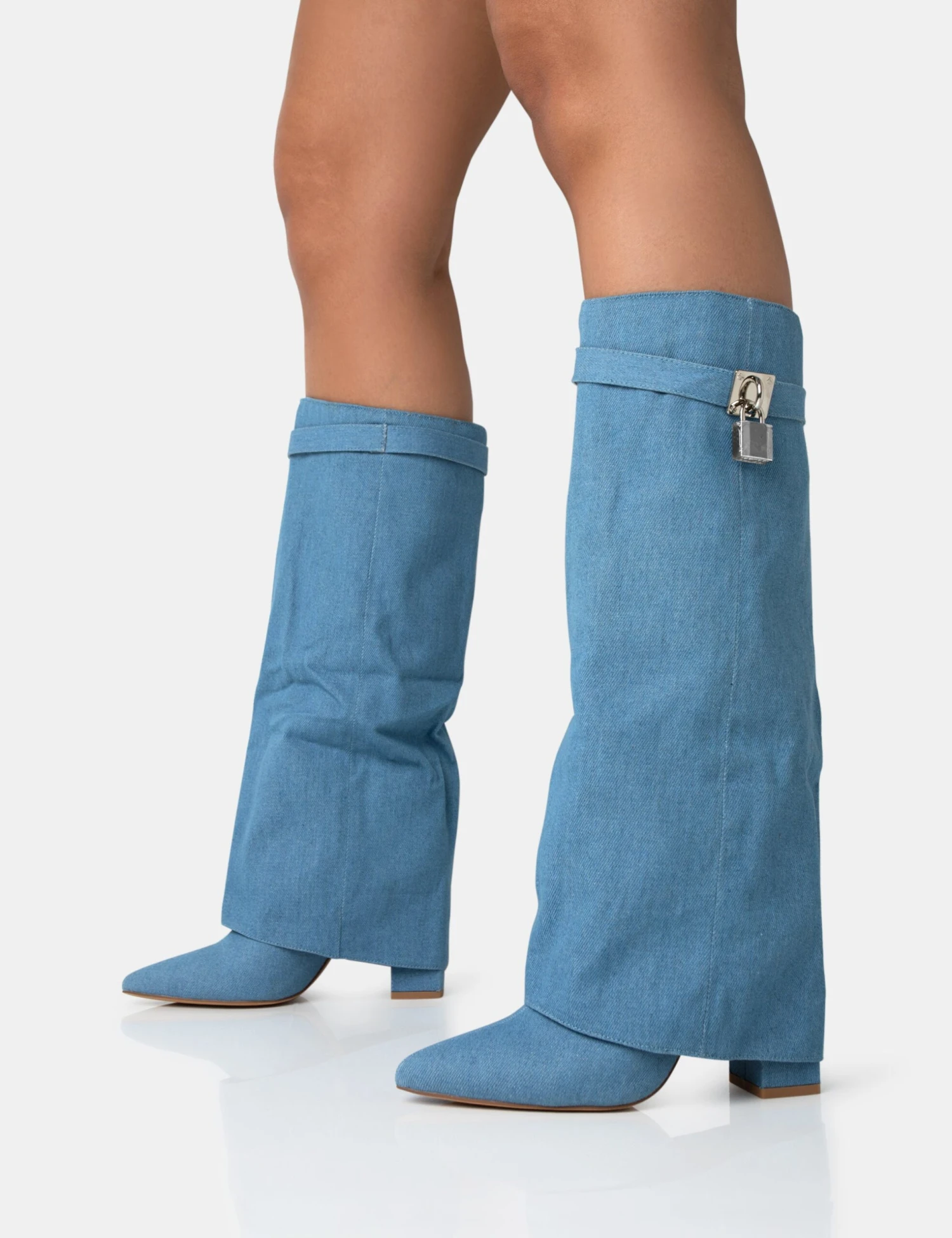 Echo Blue Denim Padlock Detail Fold Over Pointed Toe Knee High Boots - Image 3