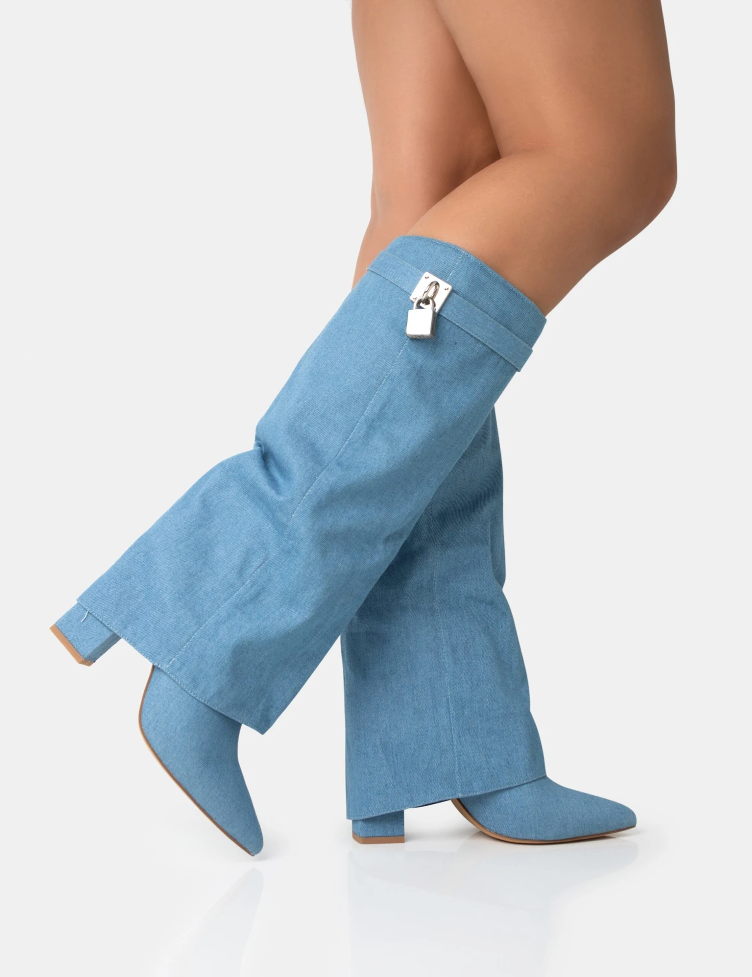Echo Blue Denim Padlock Detail Fold Over Pointed Toe Knee High Boots - Image 2