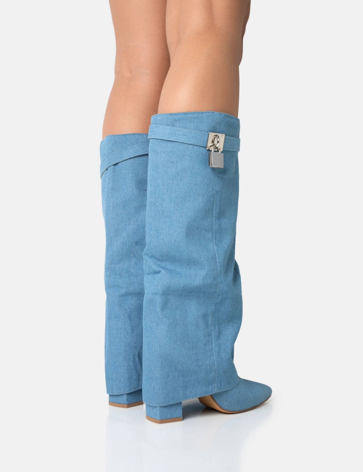 Echo Blue Denim Padlock Detail Fold Over Pointed Toe Knee High Boots - Image 5