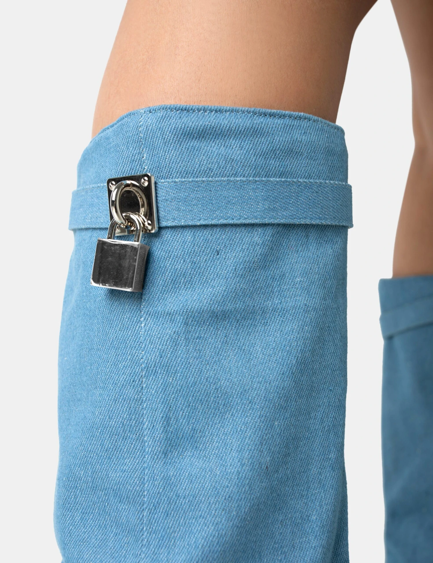 Echo Blue Denim Padlock Detail Fold Over Pointed Toe Knee High Boots - Image 4