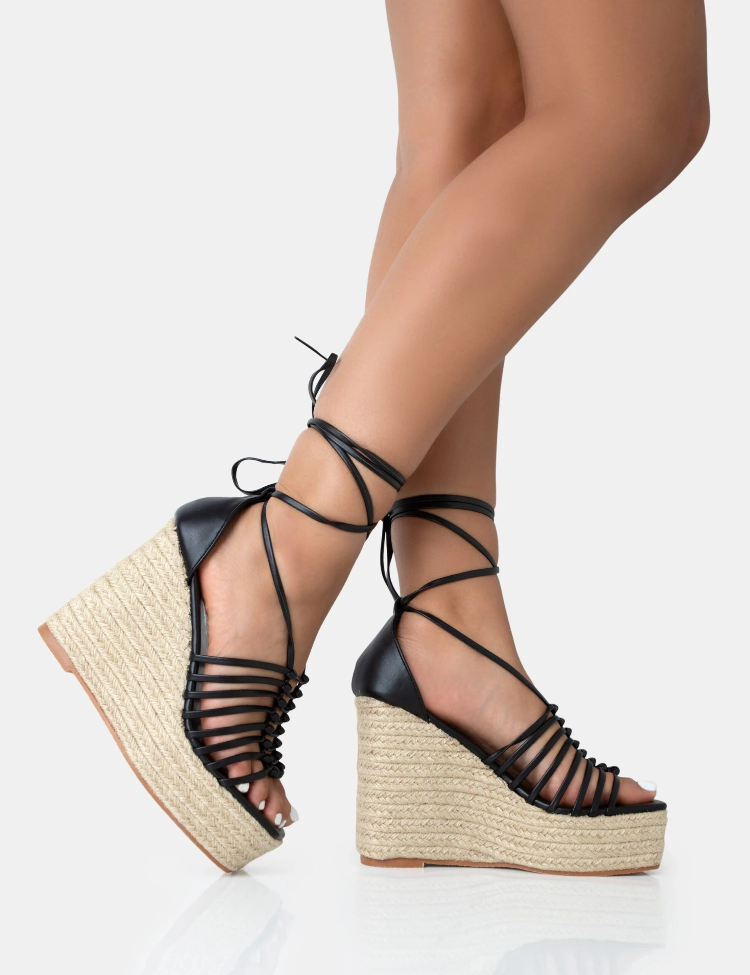 Reece Black PU Knot Strap Lace Up Raffia Wedge Heels - Image 2