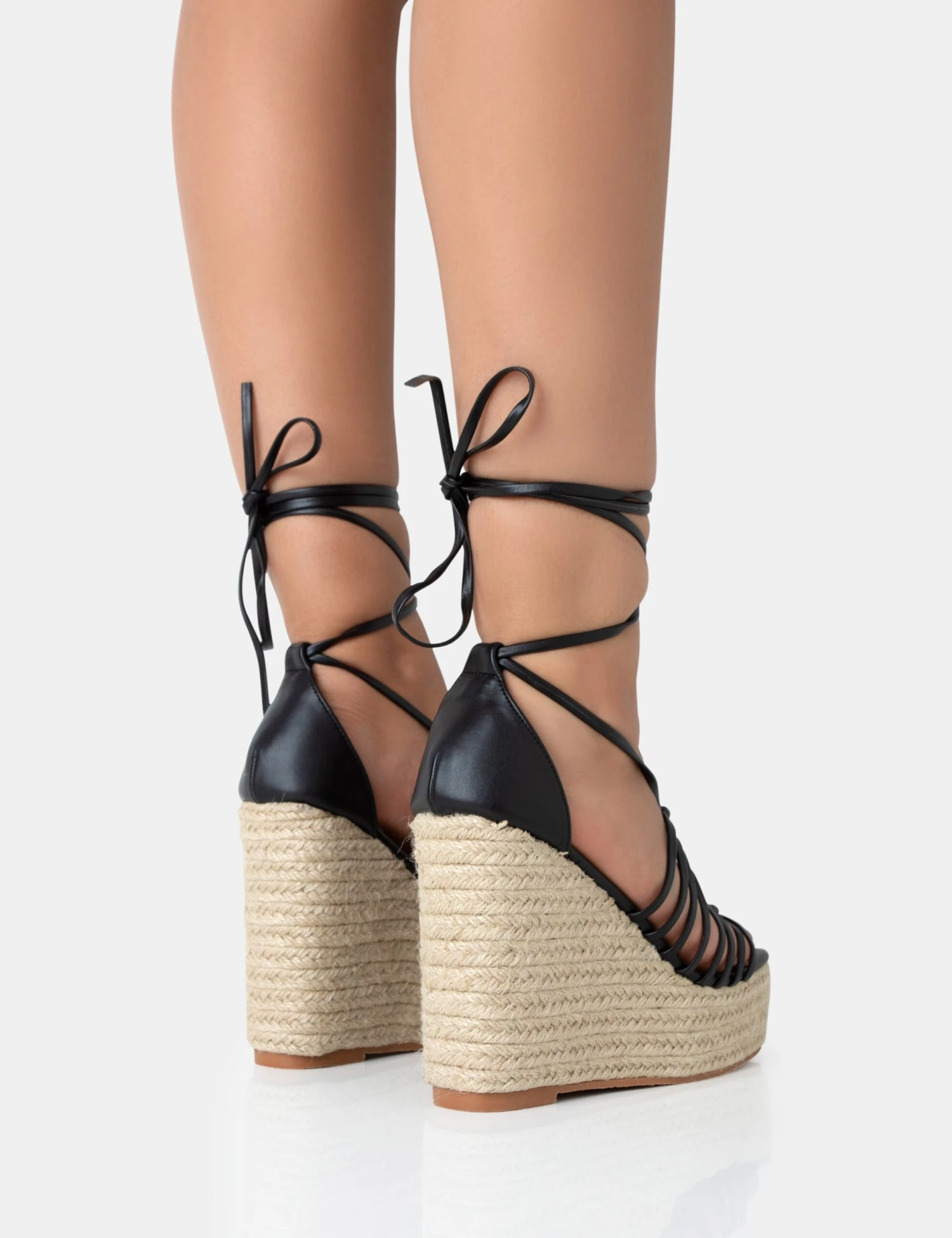 Reece Black PU Knot Strap Lace Up Raffia Wedge Heels - Image 4