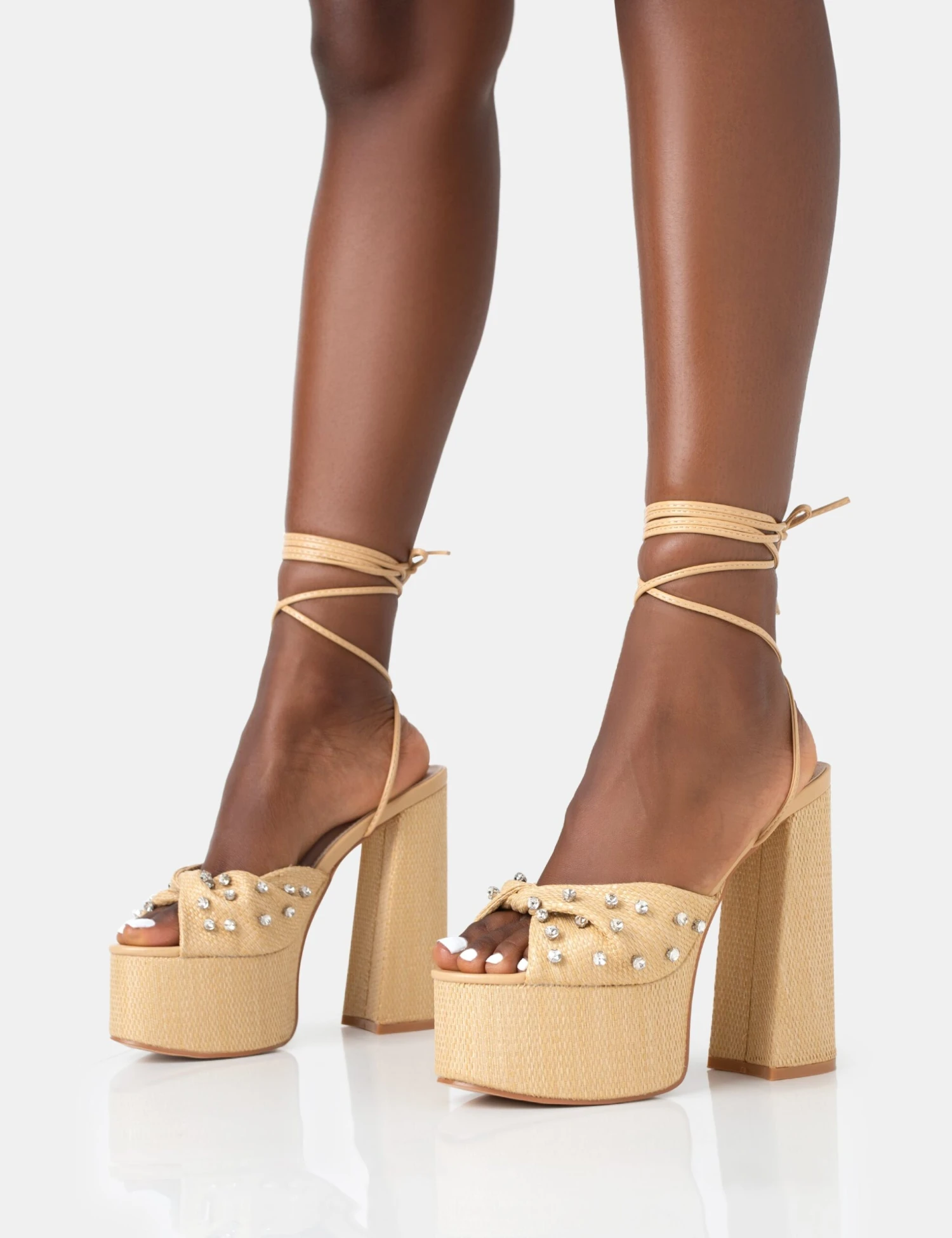 Crete Raffia Diamante Twist Strap Lace Up Platform Block Heels - Image 3