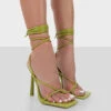 Lacey Wide Fit Green Patent Square Toe Strappy Lace Up Stiletto Heels