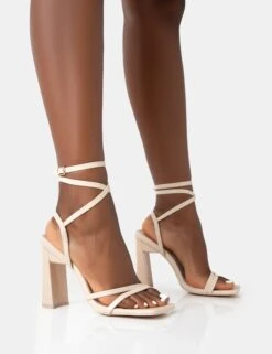 Ives Stone Pu Strappy Lace Up Square Toe Slim Block Heels