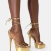 Muse Gold Metallic PU Strappy Lace Up Platform Pointed Toe Stiletto Heels