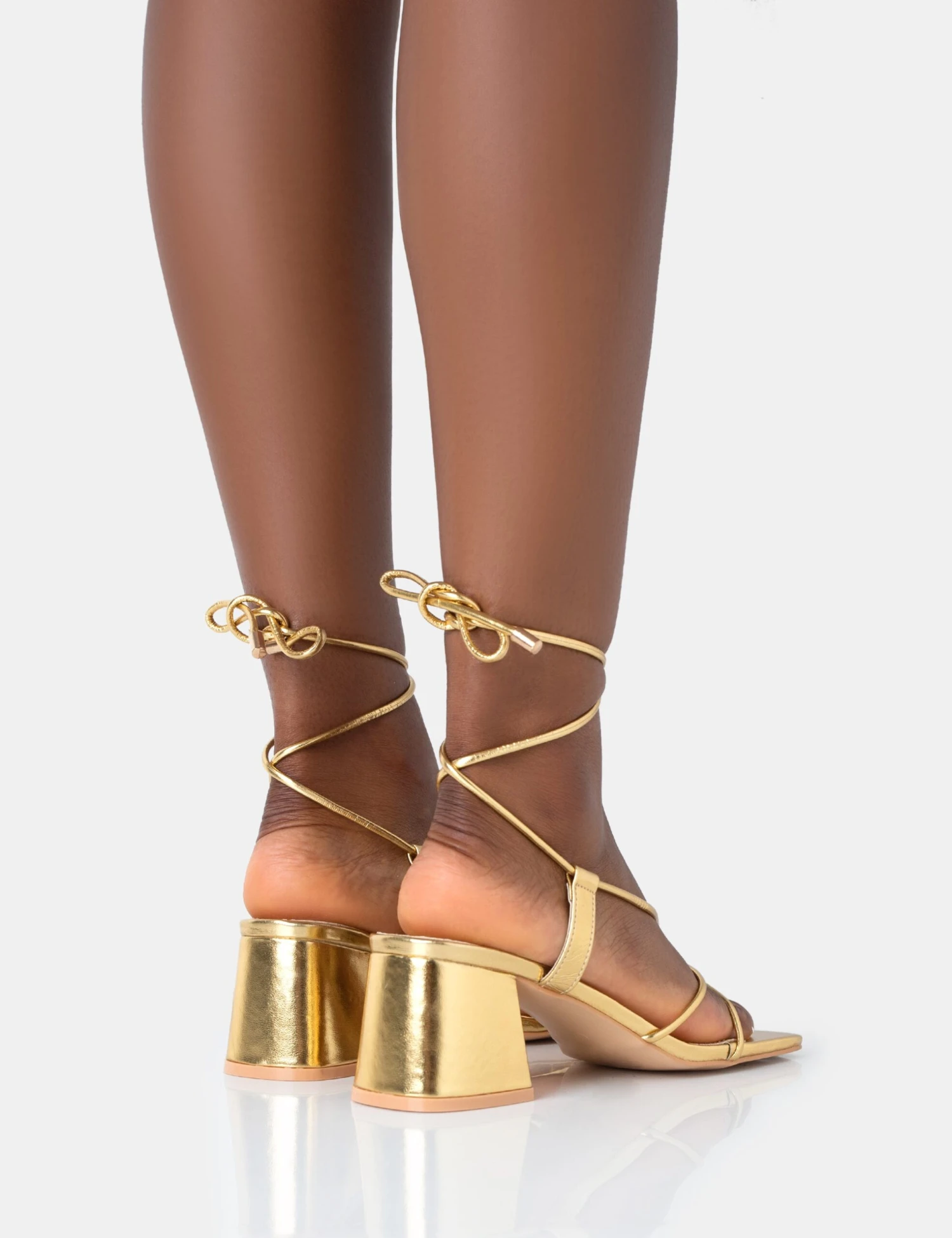 Aloha Gold PU Lace Up Block Mid Heeled Sandals - Image 4