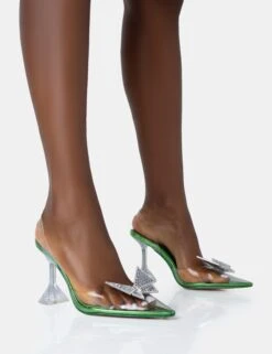 Stormi Lime Mirror Metallic Butterfly Diamante Slingback Pointed Court Stiletto Heels