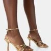 Mademoiselle Gold PU Strappy Square Toe Mid Stiletto Heels