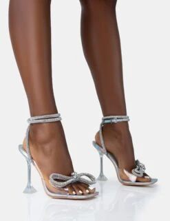 Glimmer Silver Holographic Perspex Wrap Around Diamante Bow Square Toe Heels