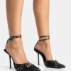 Ozella Black Pu Studded Buckle Wrap Around Pointed Court Stiletto Heel