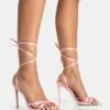 Unapologetic Baby Pink Satin Barely There Gold Pointed Toe Stiletto Heels