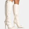 Worthy Ecru Croc Studded Zip Detail Pointed Toe Stiletto Knee High Boots
