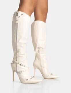 Worthy Ecru Croc Studded Zip Detail Pointed Toe Stiletto Knee High Boots