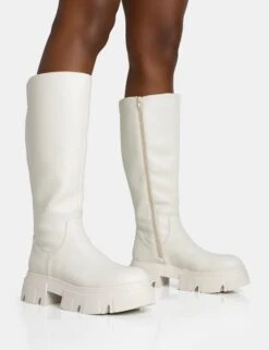 Scorpio Ecru Rubberised Pu Rounded Toe Chucky Sole Knee High Boots