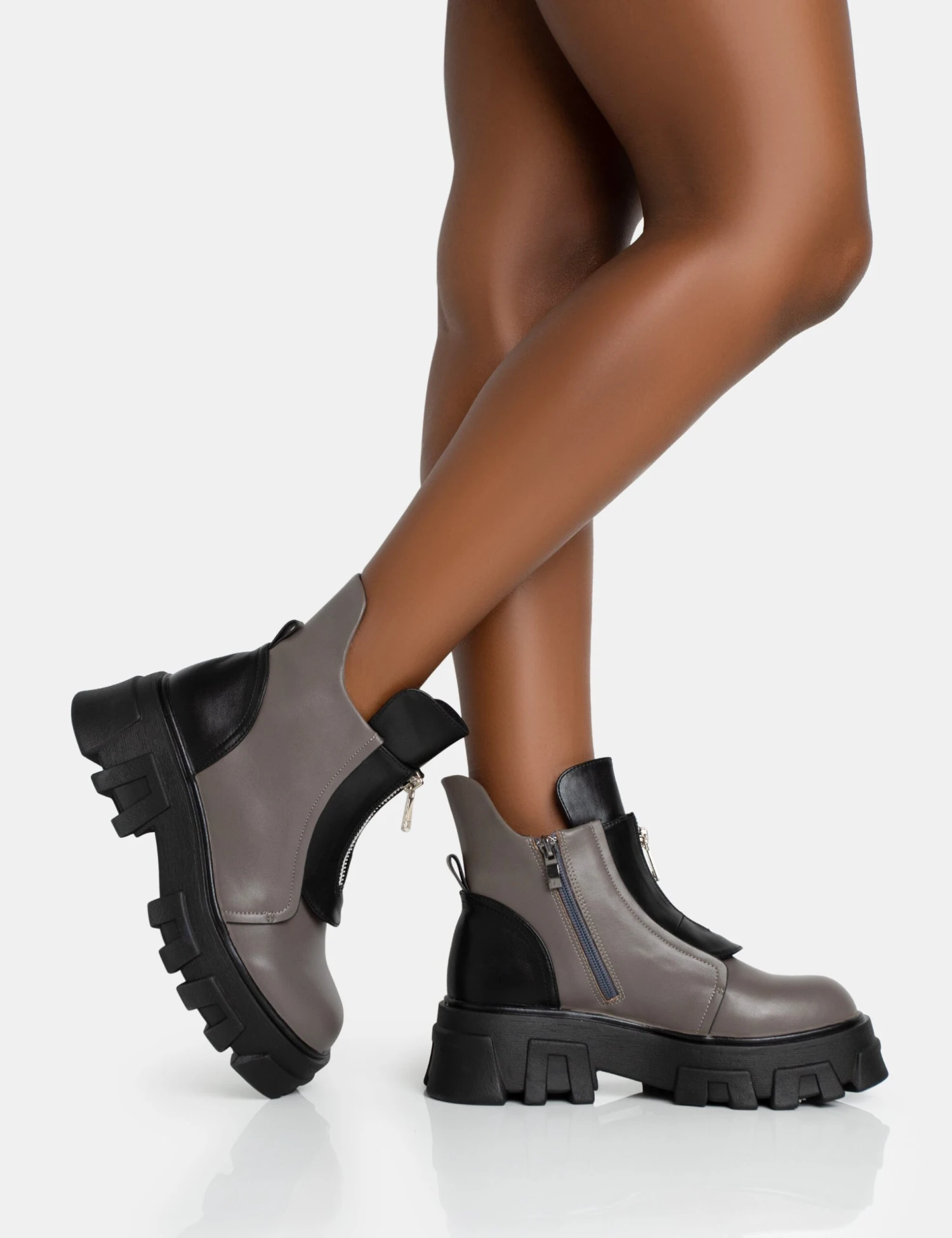 Astra Wide Fit Grey And Black Zip Front Chunky Ankle Boots - Image 2