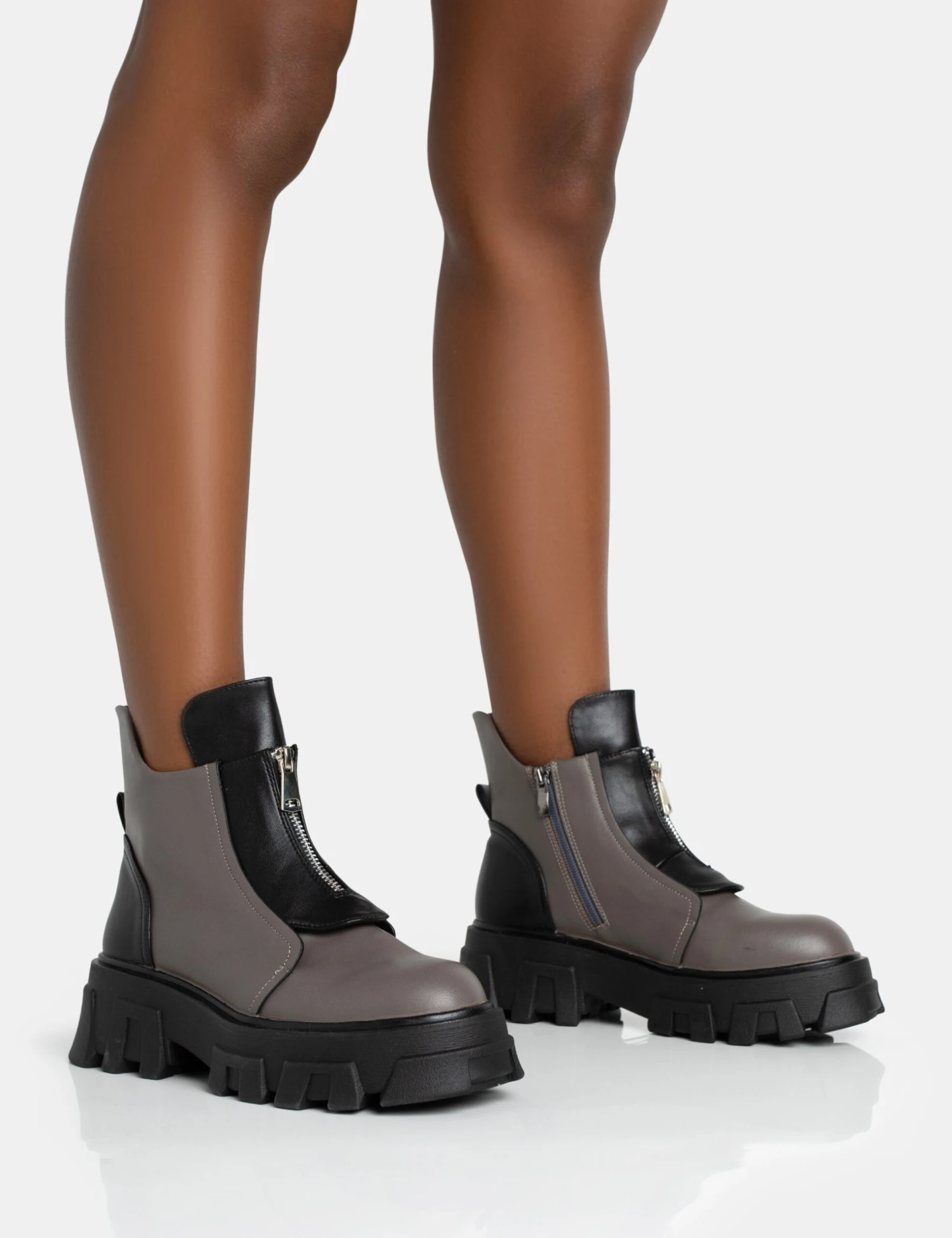 Astra Wide Fit Grey And Black Zip Front Chunky Ankle Boots