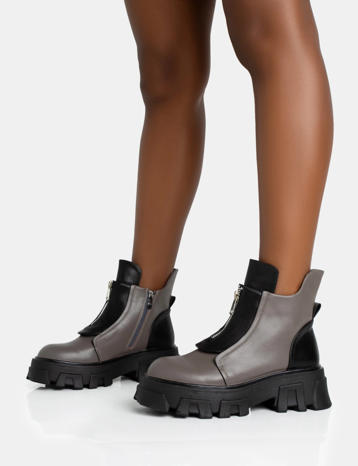 Astra Wide Fit Grey And Black Zip Front Chunky Ankle Boots - Image 3