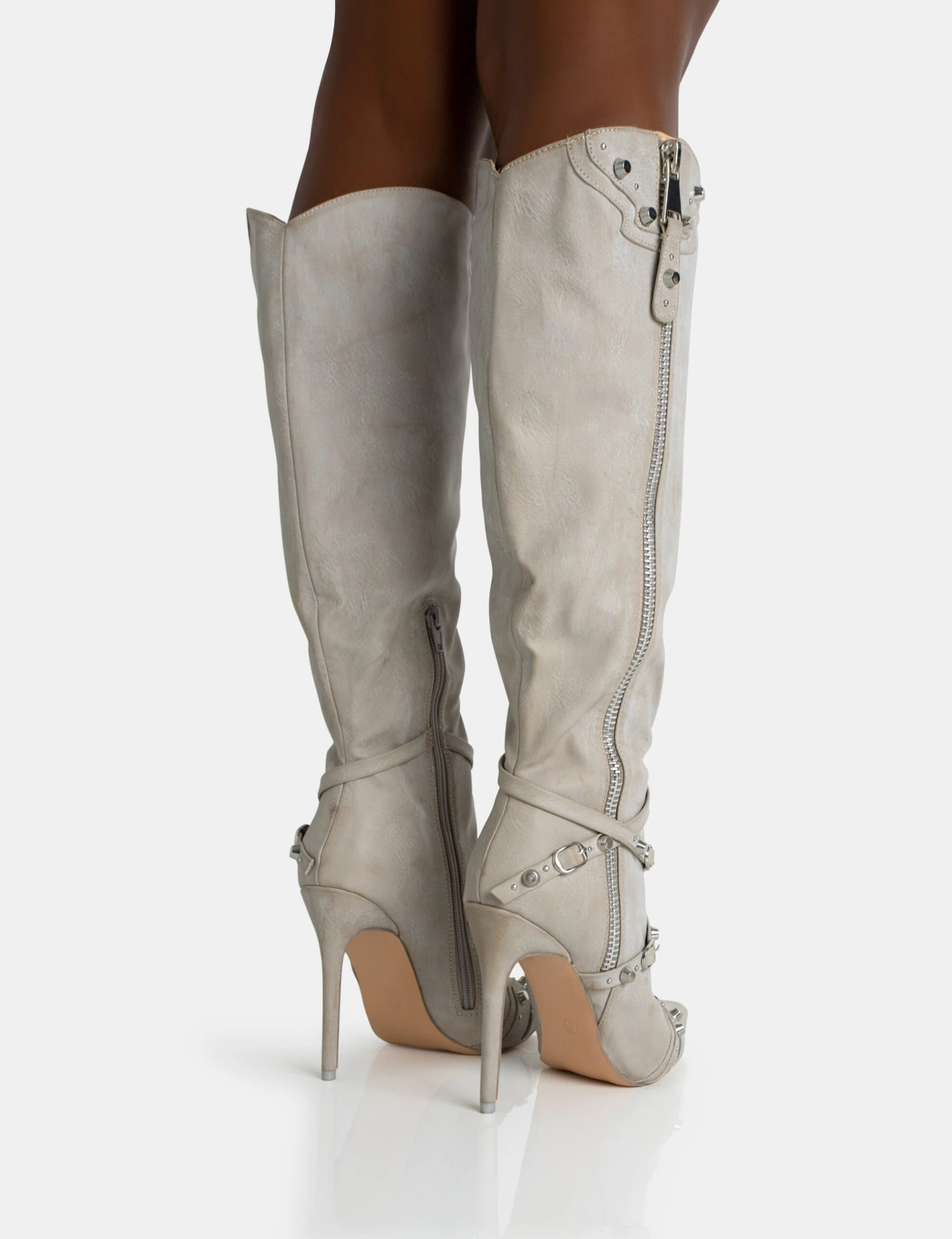 Worthy Aged Pu Studded Zip Detail Pointed Toe Stiletto Knee High Boots - Image 4