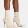 Mirival Off White Knitted Stiletto Sock Pointed Toe Ankle Boots