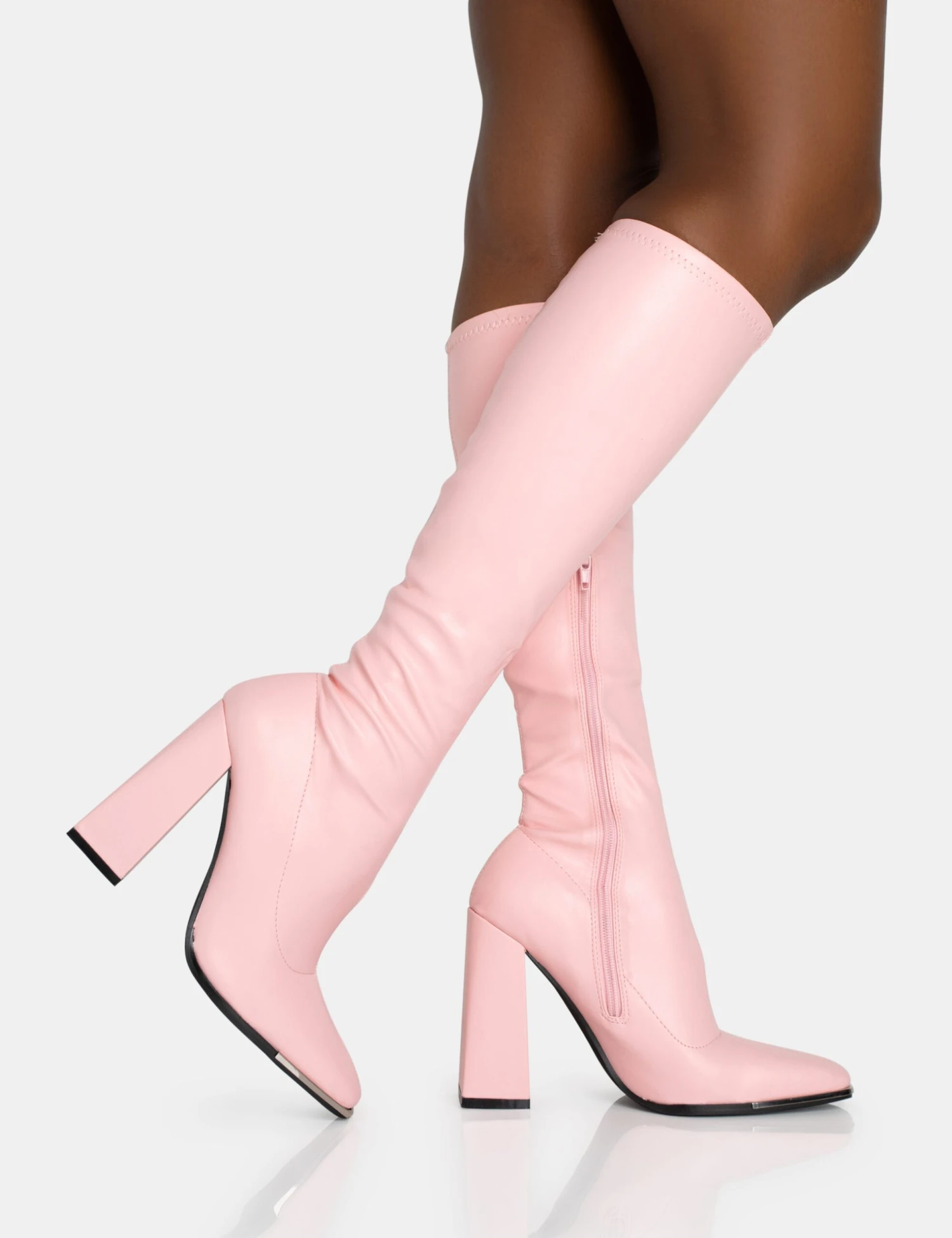 Caryn Baby Pink Pu Knee High Block Heeled Boots - Image 2