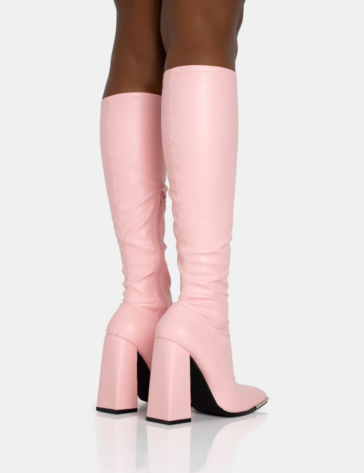 Caryn Baby Pink Pu Knee High Block Heeled Boots - Image 4