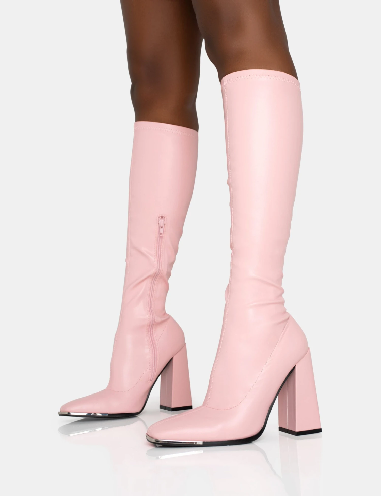 Caryn Baby Pink Pu Knee High Block Heeled Boots - Image 3