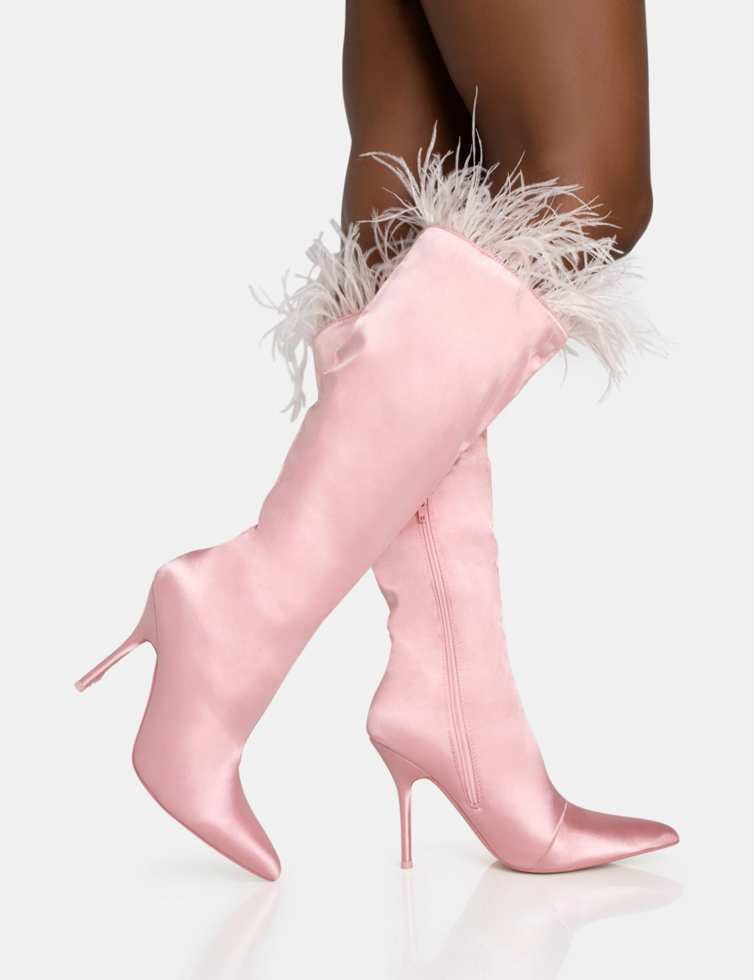 Baddie Baby Pink Satin Feather Pointed Toe Stiletto Knee High Boots - Image 2
