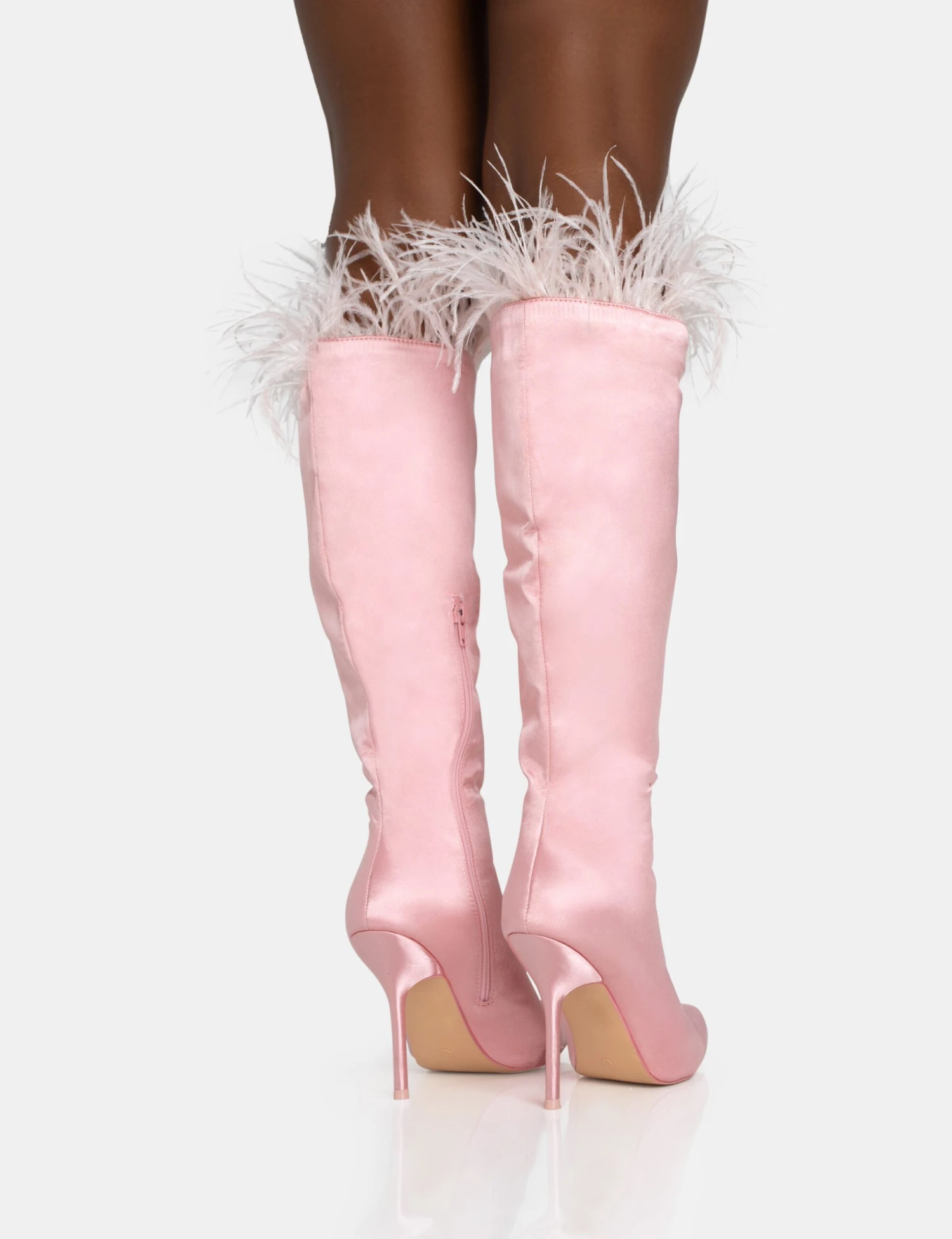 Baddie Baby Pink Satin Feather Pointed Toe Stiletto Knee High Boots - Image 4