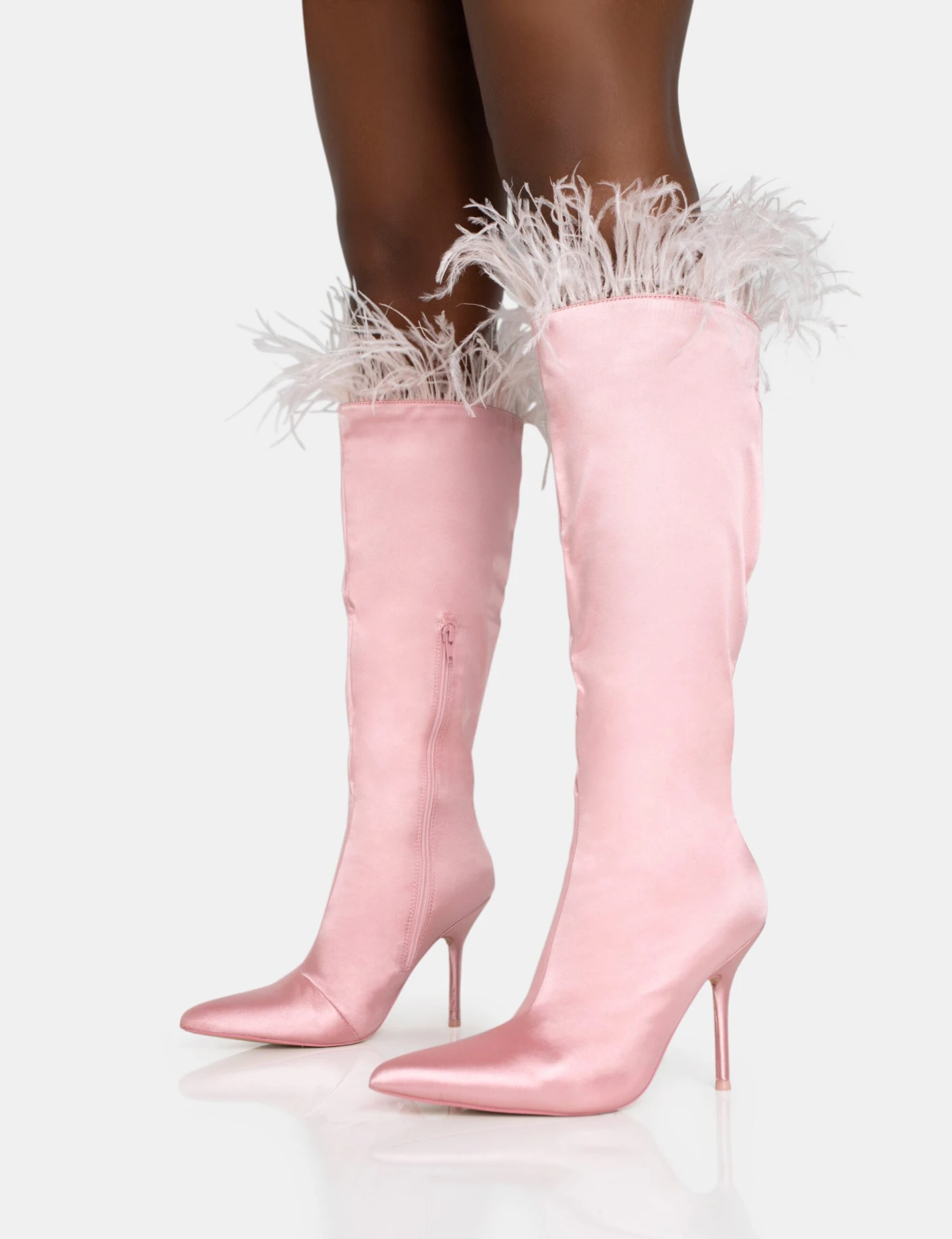 Baddie Baby Pink Satin Feather Pointed Toe Stiletto Knee High Boots - Image 3