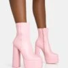 Supine Baby Pink PU Chunky Heeled Platform Ankle Boots