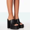 Skyhigh Black Grain PU Chunky Platform High Heeled Mules