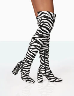Meridian Zebra Grain PU Block Heel Over The Knee High Boots
