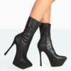 Vegas Black Grain Pointed Stiletto Platform Heeled Ankle Boots