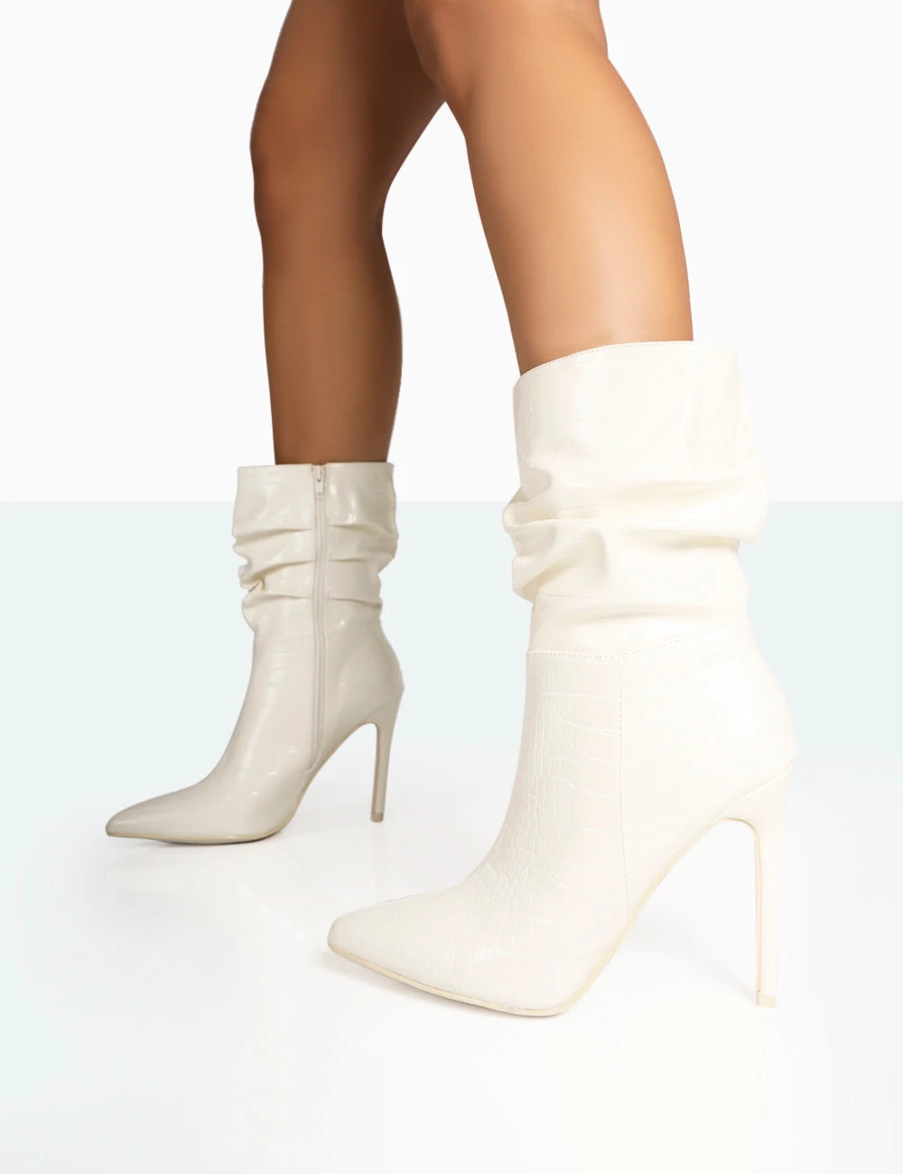 Zurich Ecru Patent Croc Stiletto Ankle Pointed Heeled Boots - Image 2