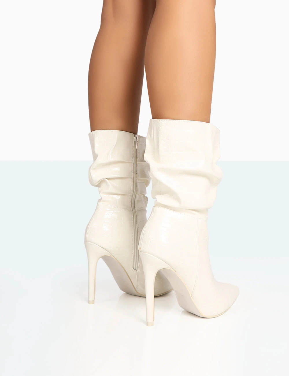 Zurich Ecru Patent Croc Stiletto Ankle Pointed Heeled Boots - Image 3