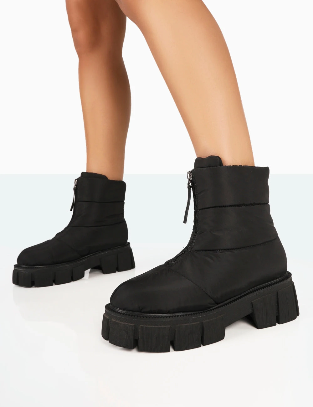 Puffy Black Nylon Zip Up Chunky Sole Snow Ankle Boots - Image 2