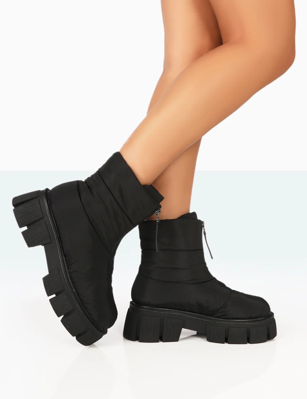 Puffy Black Nylon Zip Up Chunky Sole Snow Ankle Boots - Image 3