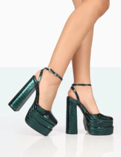 Moonchild Metallic Emerald Green Croc Closed Toe Statement Platform Block Heels