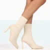 Farah Ecru Knitted Pointed Toe Stiletto Heel Ankle Sock Boots