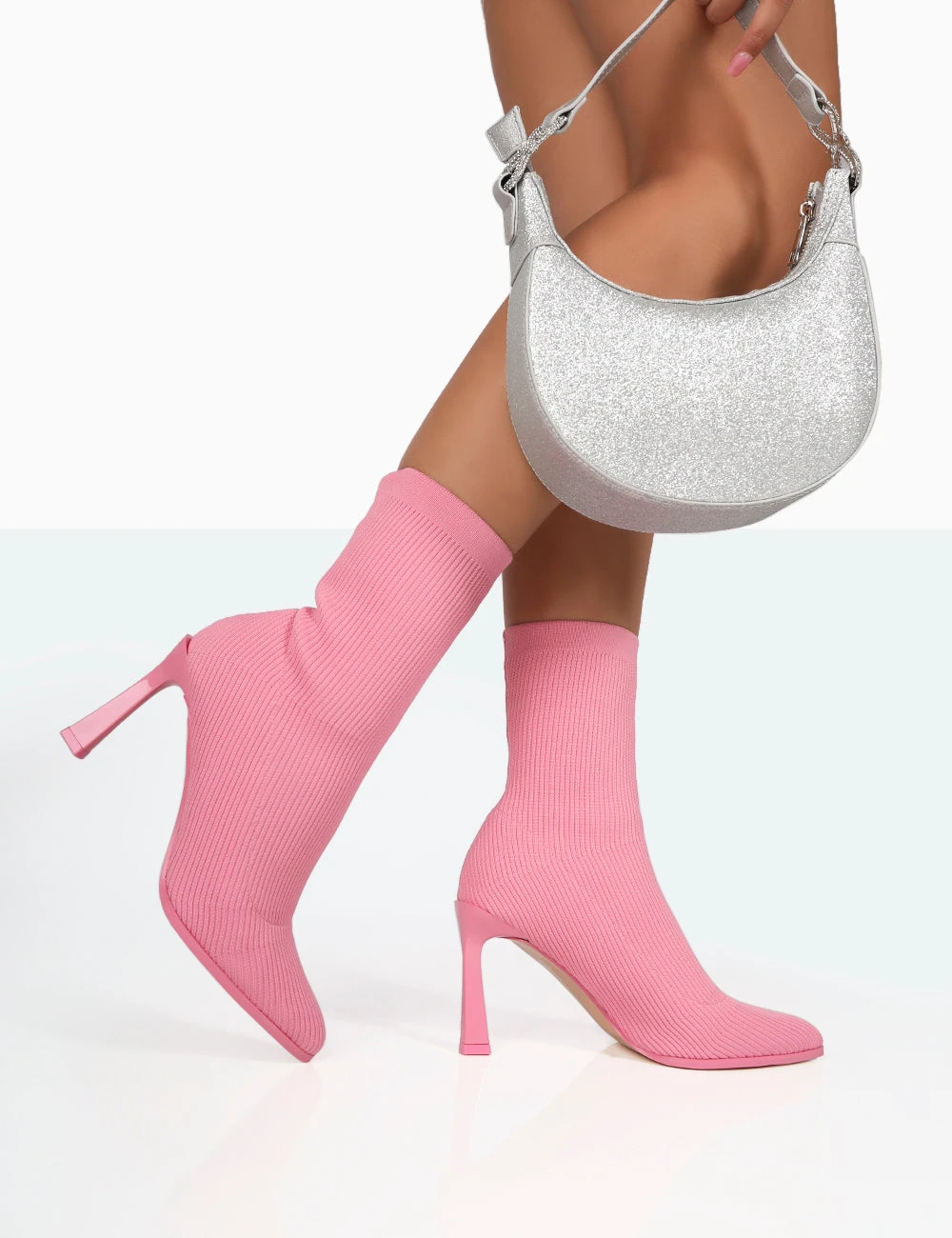 Farah Pink Knitted Pointed Toe Stiletto Heel Ankle Sock Boots - Image 4