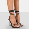 Lacey Wide Fit Black Patent Square Toe Strappy Lace Up Stiletto Heels