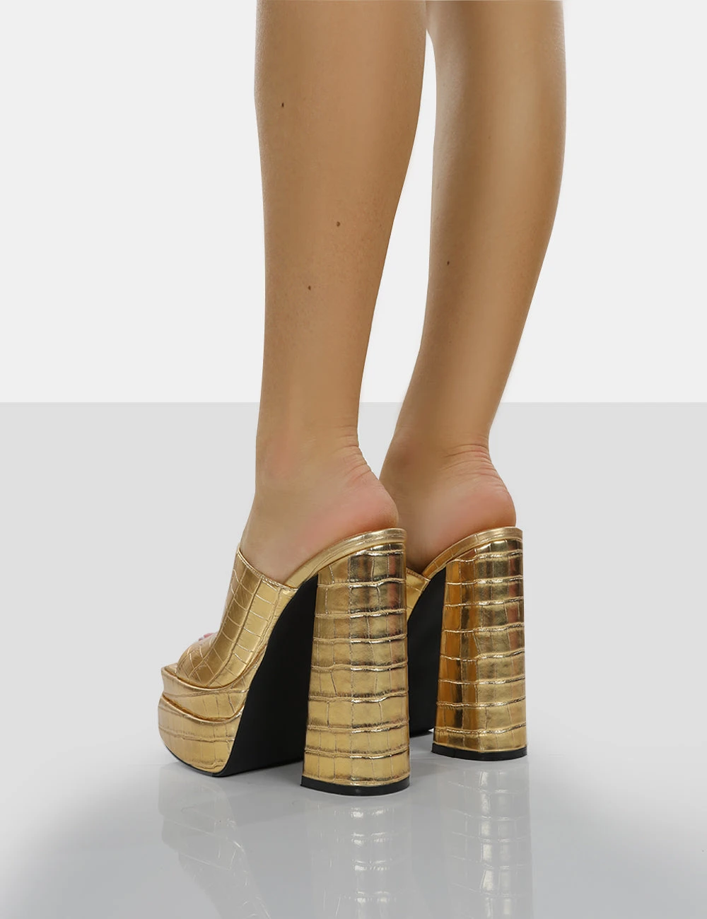 Sky High Gold Croc Chunky Platform High Heeled Mules - Image 4