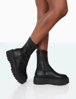 Auden Black PU Chunky Sole Ankle Boots