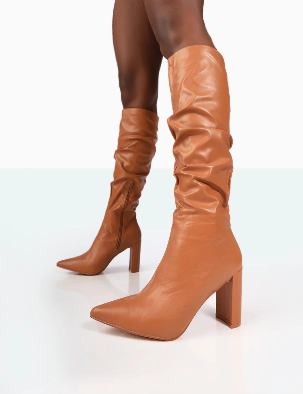 Mine Caramel PU Pointed Toe Block Heeled Knee High Boots - Image 2