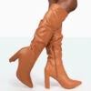 Mine Caramel PU Pointed Toe Block Heeled Knee High Boots