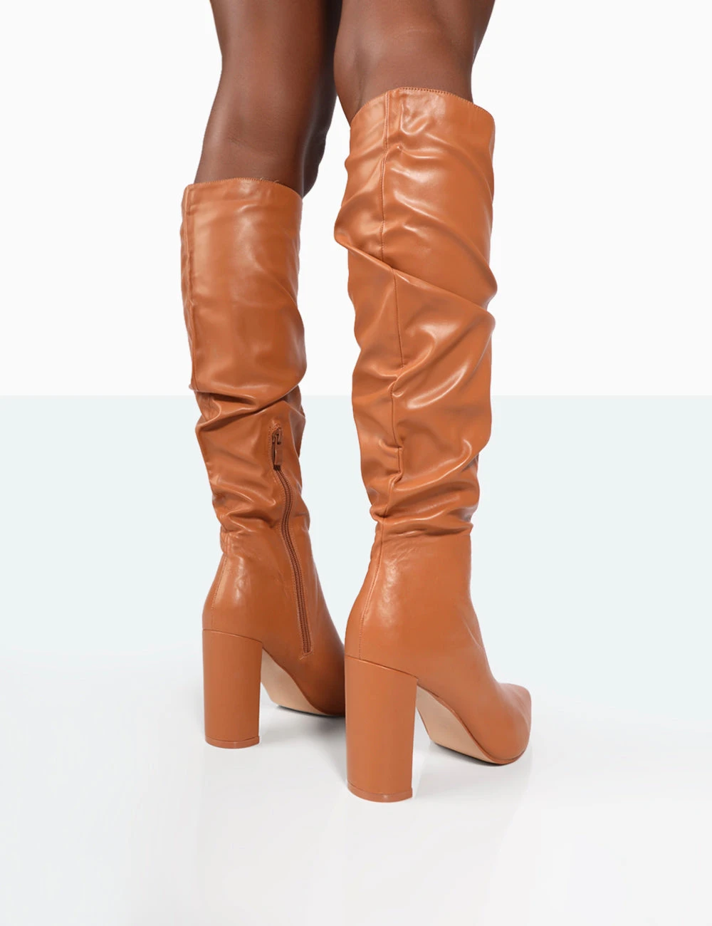 Mine Caramel PU Pointed Toe Block Heeled Knee High Boots - Image 4