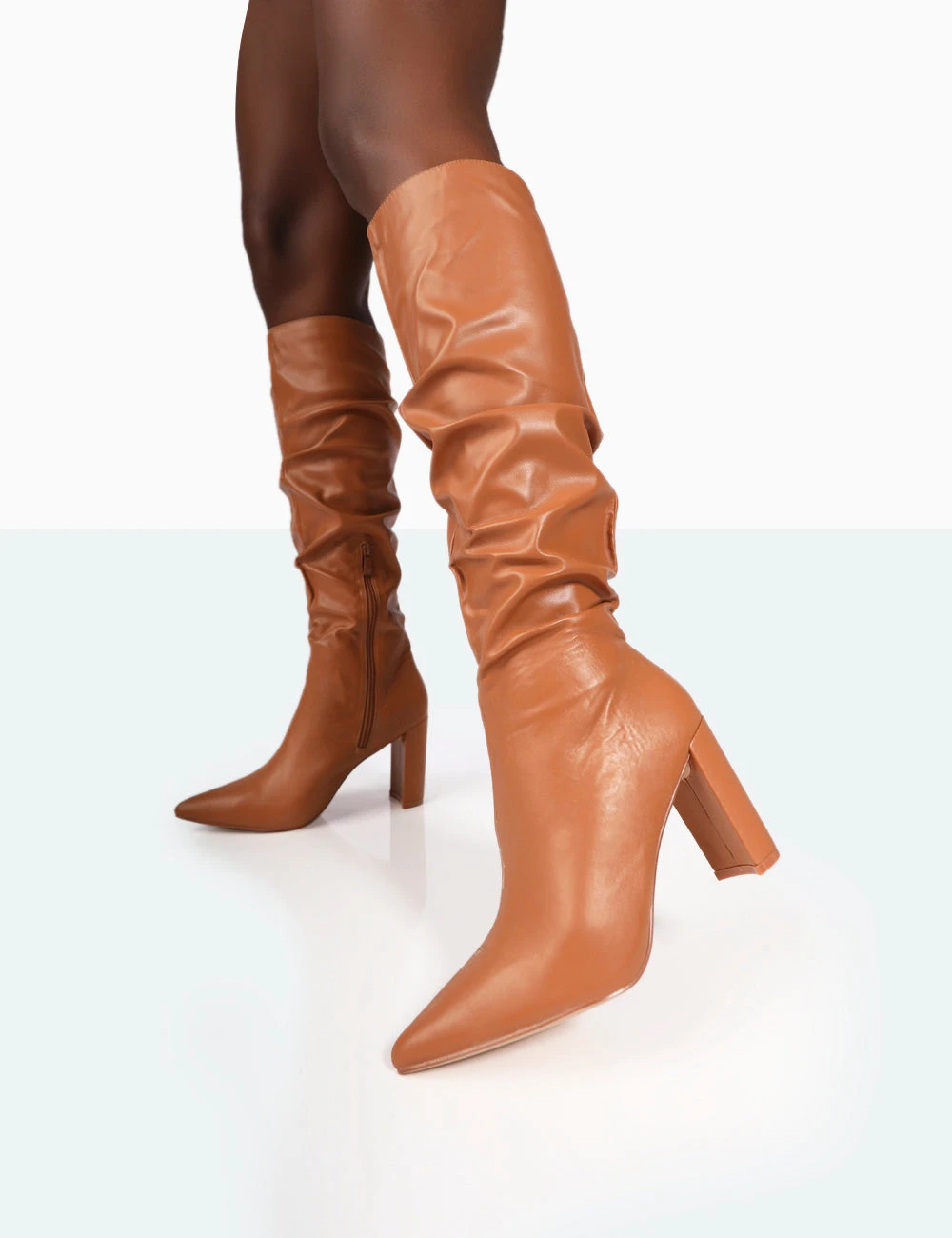 Mine Caramel PU Pointed Toe Block Heeled Knee High Boots - Image 3